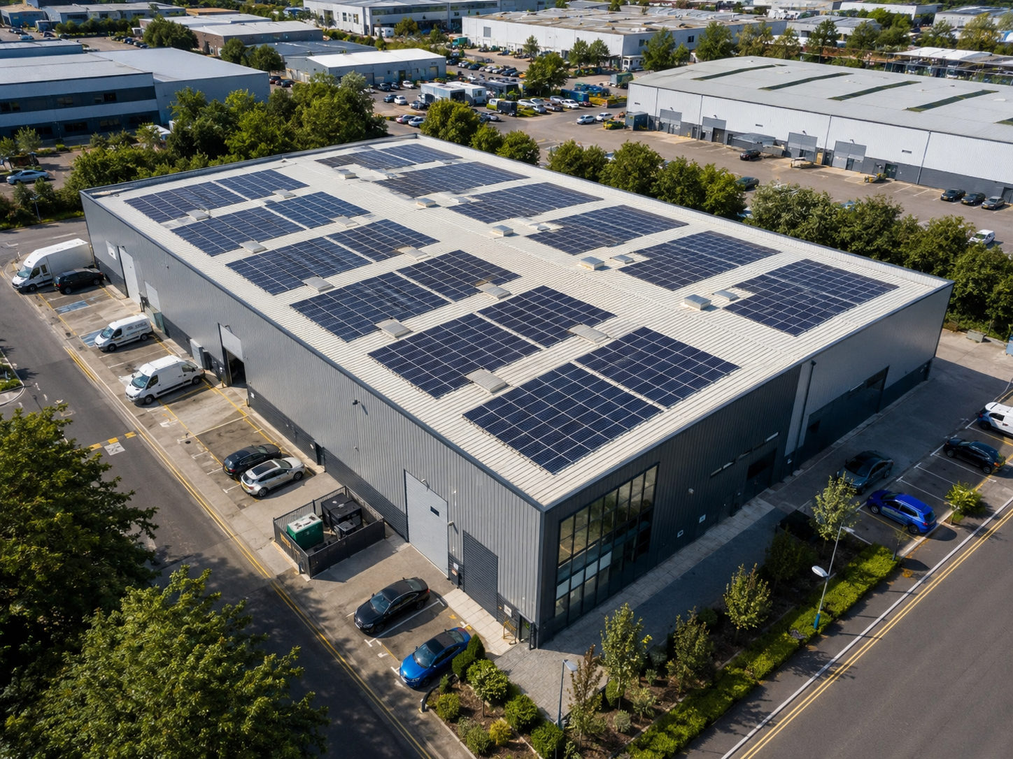Commercial solar panel installation on a Barry warehouse rooftop