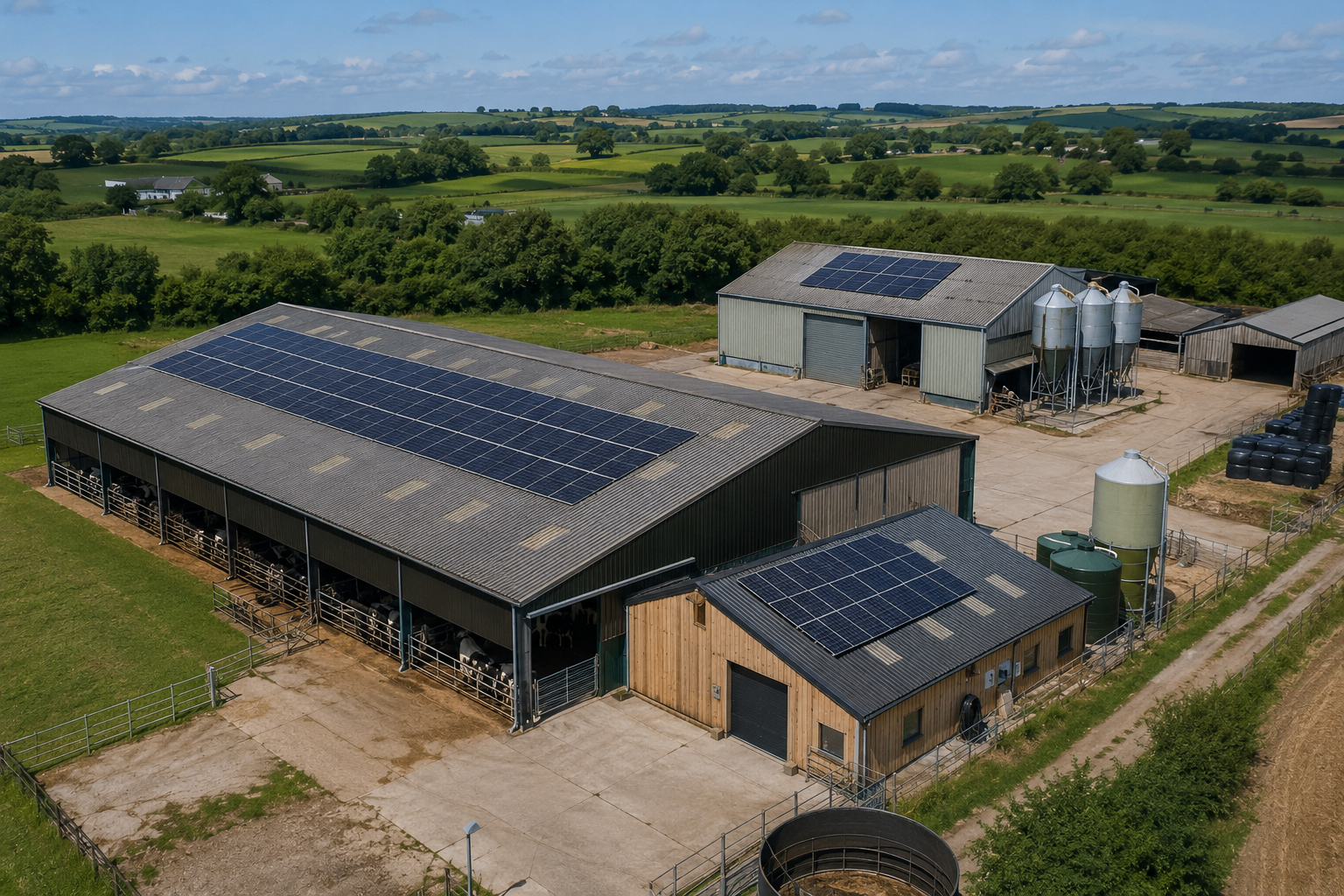 Aerial view of UK agricultural barns and grain processing buildings with solar panels
