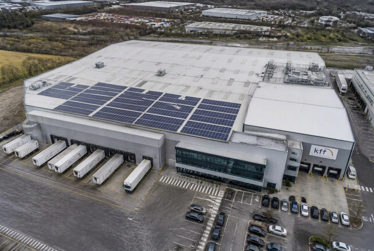 Rooftop solar panels on a UK cold storage and food distribution warehouse — 780 kWp commercial PV array offsetting refrigeration load
