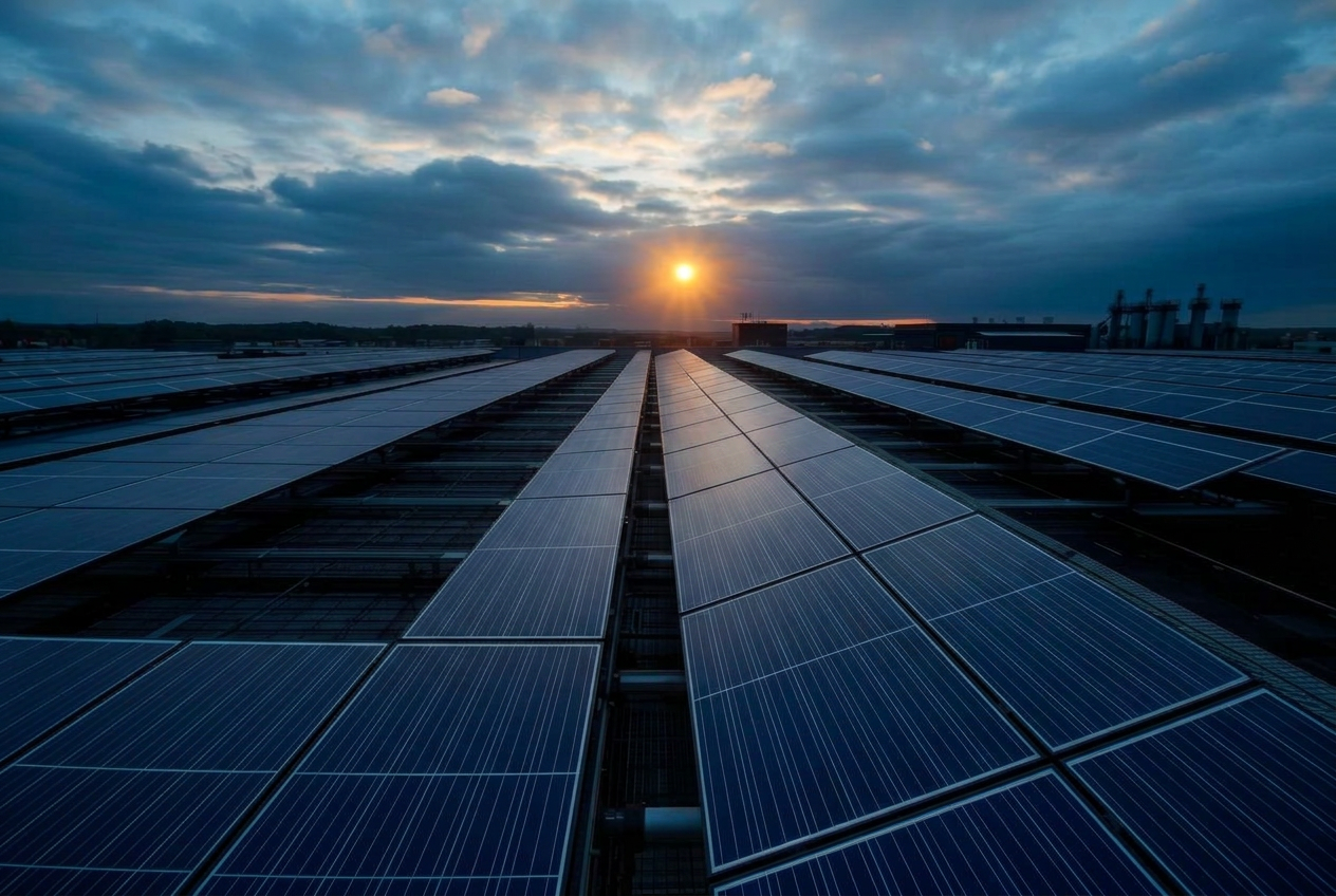 Rows of commercial solar panels on a UK manufacturing factory rooftop at sunset — 620 kWp industrial PV array on standing-seam roof
