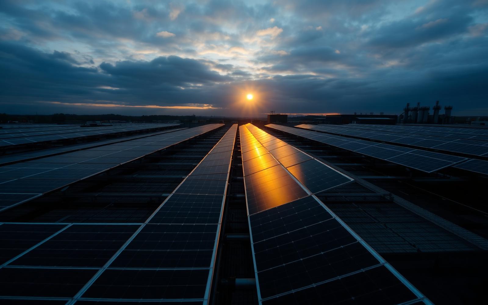 UK factory rooftop with commercial solar panels at sunset
