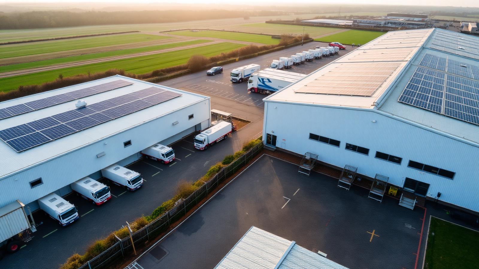 Aerial view of a UK cold storage facility with refrigerated lorries and rooftop solar