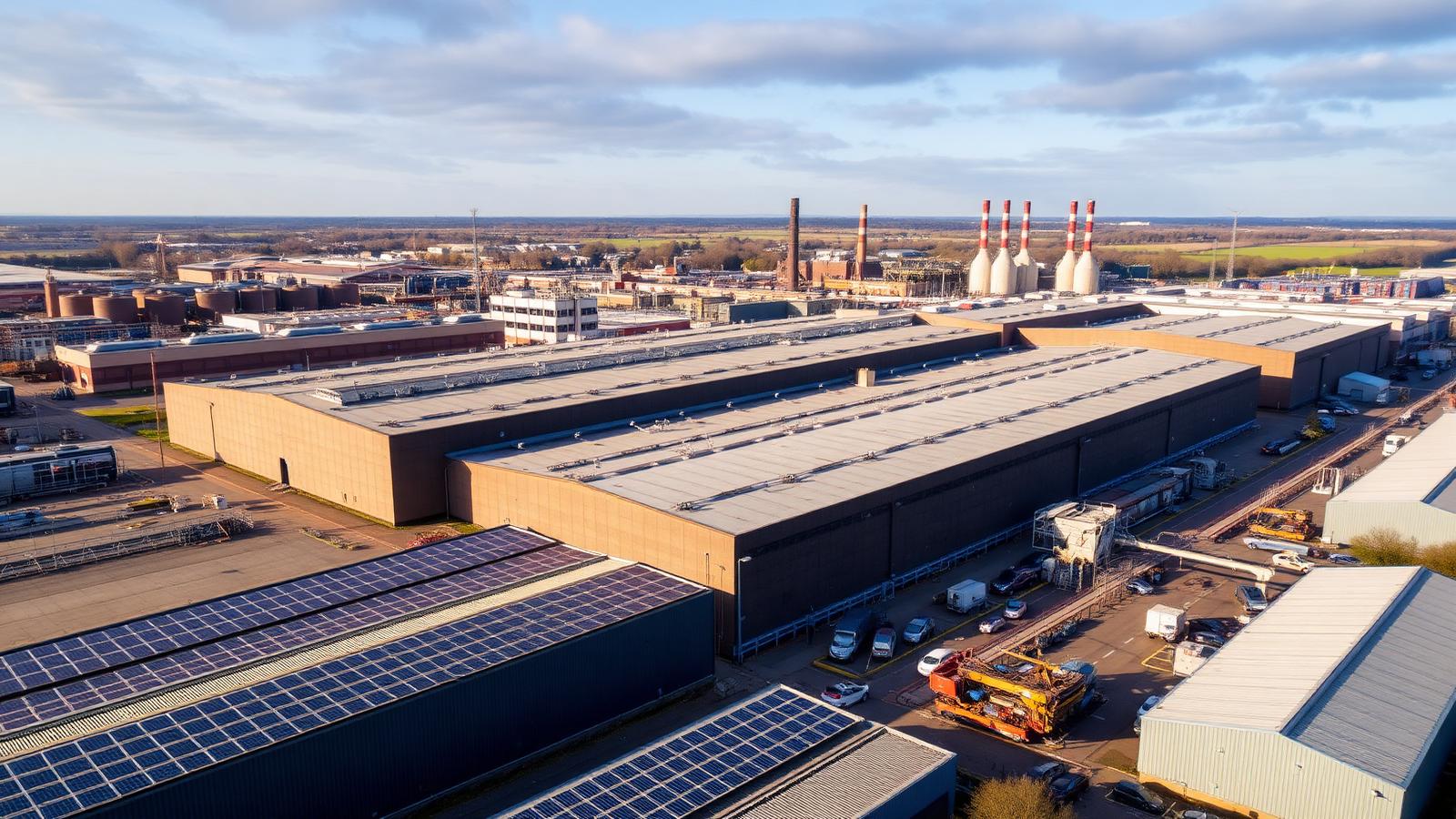 Aerial view of a UK manufacturing facility with rooftop solar panels