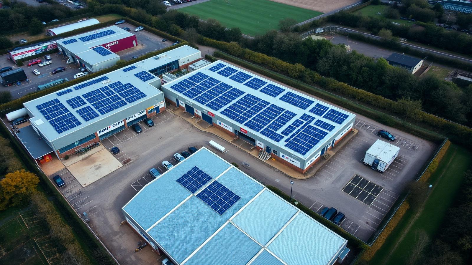 Aerial view of a UK multi-let industrial estate with rooftop solar across multiple units