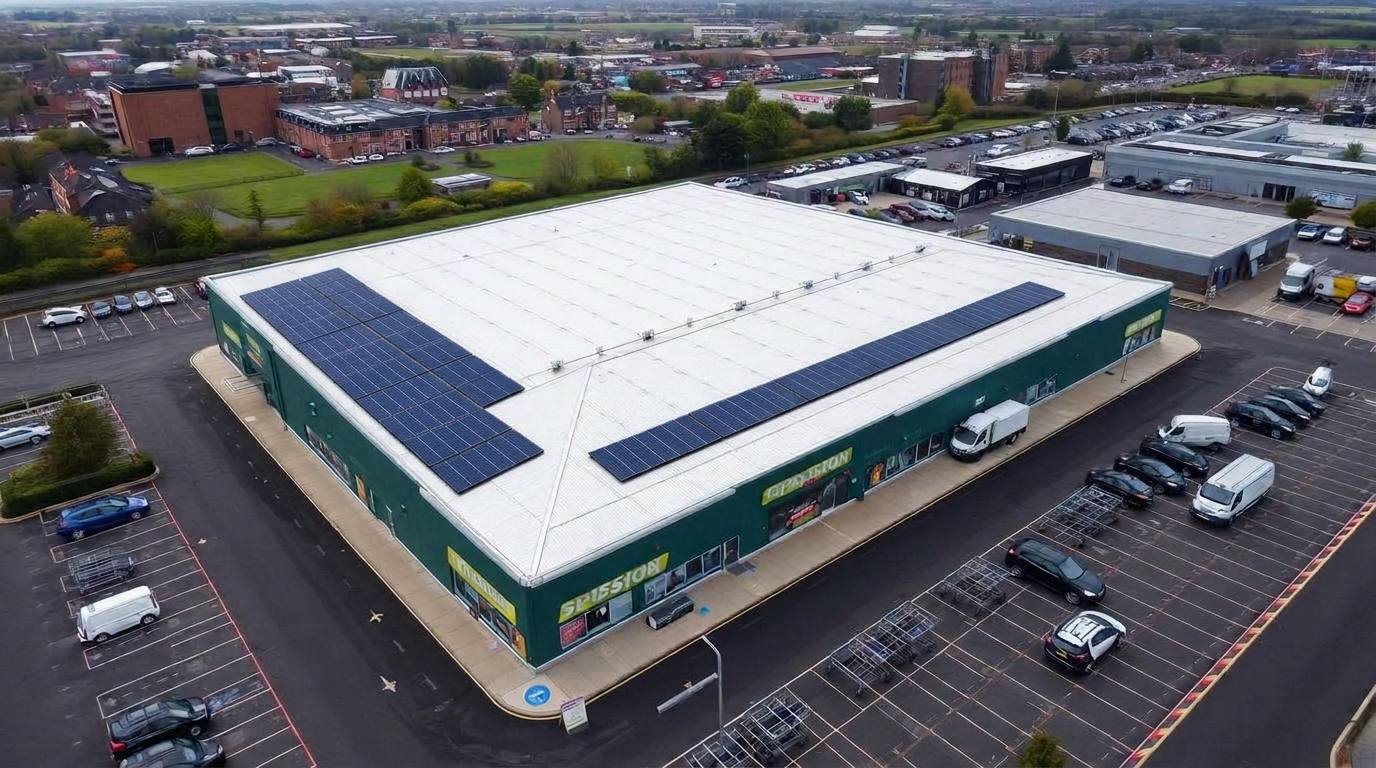 Solar panels on a UK supermarket rooftop above the shopfront and customer car park — commercial retail PV installation